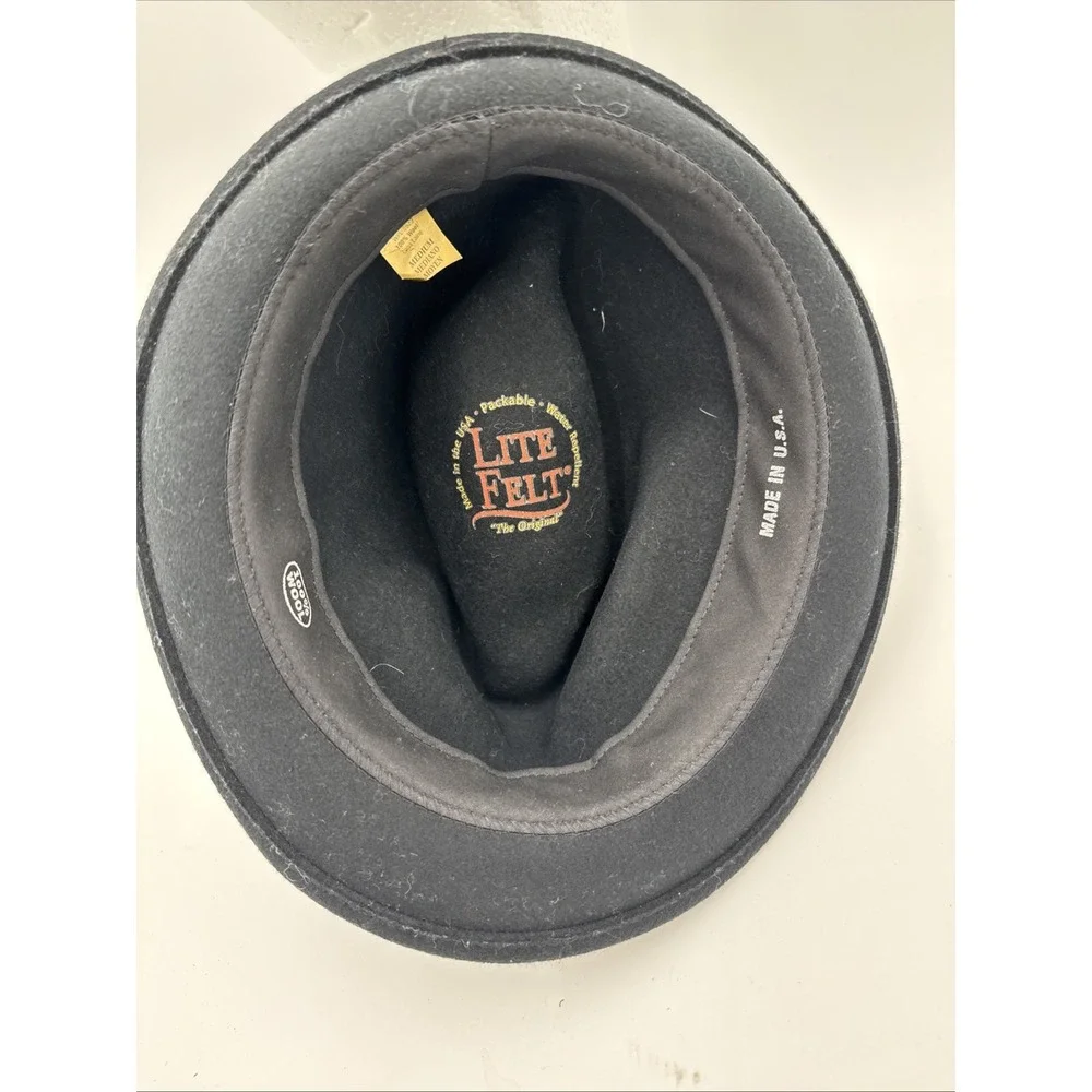 Lite Felt Black Wool Fedora‎ Hat Medium Packable Water Repellent Made in USA